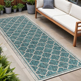 8' Teal Blue And Gray Geometric Indoor Outdoor Runner Rug