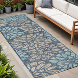 8' Navy Blue And Aqua Floral Indoor Outdoor Runner Rug