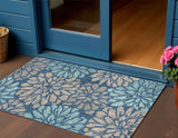 3' X 5' Navy Blue And Aqua Floral Indoor Outdoor Area Rug