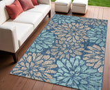 4' X 6' Navy Blue And Aqua Floral Indoor Outdoor Area Rug