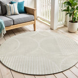 5' Ivory And Cream Round Striped Indoor Outdoor Area Rug