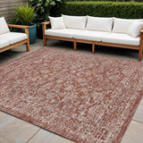 4' Red And Taupe Square Medallion Indoor Outdoor Area Rug