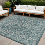 4' Teal Blue And Gray Square Medallion Indoor Outdoor Area Rug