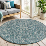 6' Teal Blue And Gray Round Medallion Indoor Outdoor Area Rug