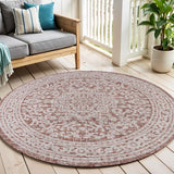 6' Red And Taupe Round Medallion Indoor Outdoor Area Rug