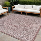 8' Red And Taupe Square Medallion Indoor Outdoor Area Rug