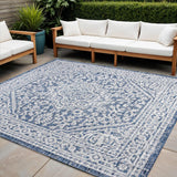 4' Navy Blue And Gray Square Medallion Indoor Outdoor Area Rug