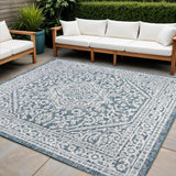 6' Teal Blue And Gray Square Medallion Indoor Outdoor Area Rug