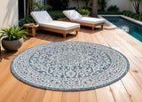 9' Teal Blue And Gray Round Medallion Indoor Outdoor Area Rug