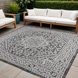 4' Gray And Black Square Medallion Indoor Outdoor Area Rug