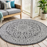 6' Gray And Black Round Medallion Indoor Outdoor Area Rug