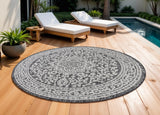 9' Gray And Black Round Medallion Indoor Outdoor Area Rug