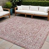 4' Red And Taupe Square Medallion Indoor Outdoor Area Rug