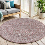 6' Red And Taupe Round Medallion Indoor Outdoor Area Rug