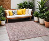9' Red And Taupe Square Medallion Indoor Outdoor Area Rug