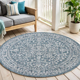 6' Teal Blue And Gray Round Medallion Indoor Outdoor Area Rug