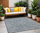6' Teal Blue And Gray Square Medallion Indoor Outdoor Area Rug