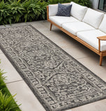 10' Black And Gray Medallion Indoor Outdoor Runner Rug