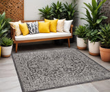 4' Black And Gray Square Medallion Indoor Outdoor Area Rug
