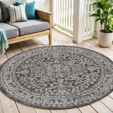 5' Black And Gray Round Medallion Indoor Outdoor Area Rug
