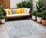 6' Teal Blue And Gray Square Medallion Indoor Outdoor Area Rug
