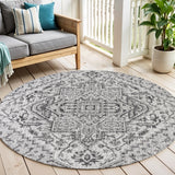 6' Black And Gray Round Medallion Indoor Outdoor Area Rug
