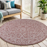6' Red And Beige Round Medallion Indoor Outdoor Area Rug