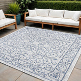 4' Gray And Navy Blue Square Medallion Indoor Outdoor Area Rug