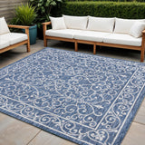 4' Navy Blue And Gray Square Medallion Indoor Outdoor Area Rug