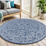 6' Navy Blue And Gray Round Medallion Indoor Outdoor Area Rug