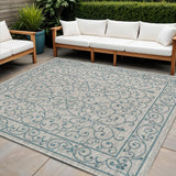 5' Gray And Teal Blue Square Medallion Indoor Outdoor Area Rug