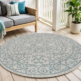 6' Gray And Teal Blue Round Medallion Indoor Outdoor Area Rug