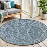 6' Teal Blue And Gray Round Medallion Indoor Outdoor Area Rug