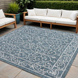 6' Teal Blue And Gray Square Medallion Indoor Outdoor Area Rug