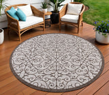8' Taupe And Espresso Round Geometric Indoor Outdoor Area Rug
