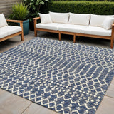 4' Navy Blue And Beige Square Trellis Indoor Outdoor Area Rug