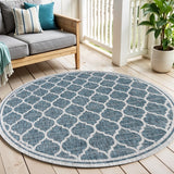 6' Teal Blue And Gray Round Geometric Indoor Outdoor Area Rug