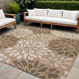 4' Brown And Cream Square Floral Indoor Outdoor Area Rug