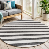 6' Black And Cream Round Striped Indoor Outdoor Area Rug