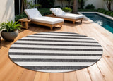 9' Black And Cream Round Striped Indoor Outdoor Area Rug