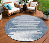 8' Blue And Ivory Round Striped Indoor Outdoor Area Rug