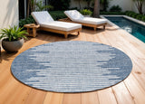 9' Blue And Ivory Round Striped Indoor Outdoor Area Rug