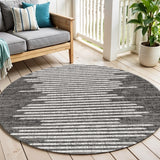 6' Black And Ivory Round Striped Indoor Outdoor Area Rug