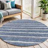 6' Blue And Ivory Round Striped Indoor Outdoor Area Rug