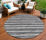 9' Black And Ivory Round Striped Indoor Outdoor Area Rug
