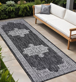 8' Dark Gray And Cream Medallion Indoor Outdoor Runner Rug