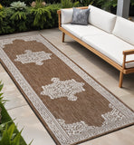 8' Terra Cotta And Cream Medallion Indoor Outdoor Runner Rug