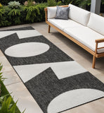 8' Black And Cream Geometric Indoor Outdoor Runner Rug
