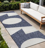 8' Navy Blue And Cream Geometric Indoor Outdoor Runner Rug
