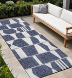 8' Navy Blue And Cream Geometric Indoor Outdoor Runner Rug